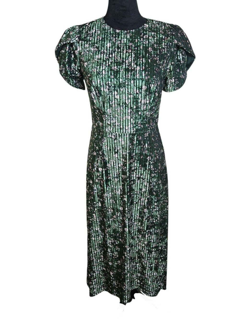 Maggy London Green Velvet Tulip Sleeve Floral Midi Dress Size 2( XS)